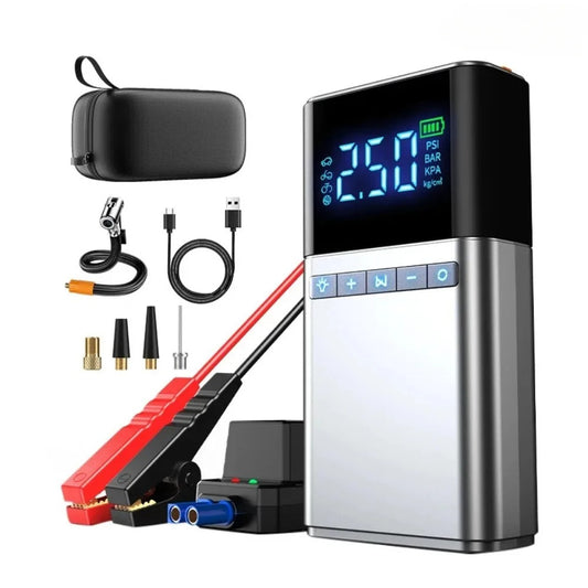 4 IN 1 PORTABLE AIR PUMP includes air compressor, car jump starter, power back, and LED flashlight