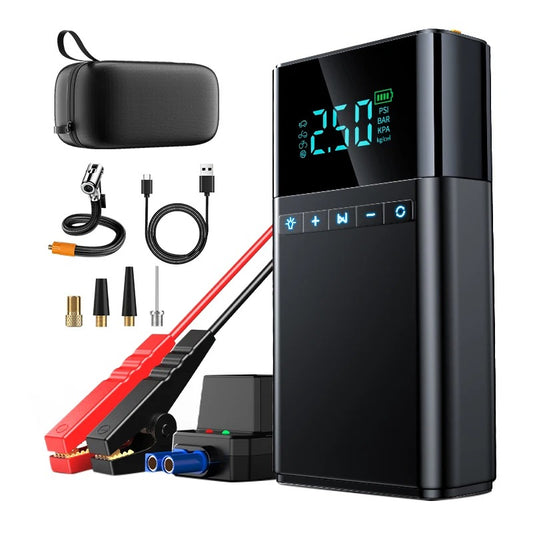 4 IN 1 PORTABLE AIR PUMP includes air compressor, car jump starter, power back, and LED flashlight